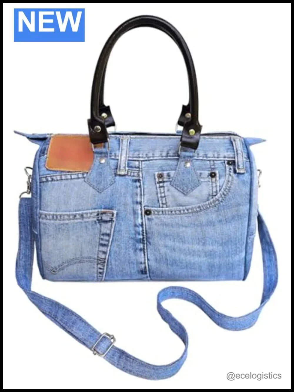 Upcycled Denim Satchel Handbag with Genuine Leather Handles, Crossbody and Top